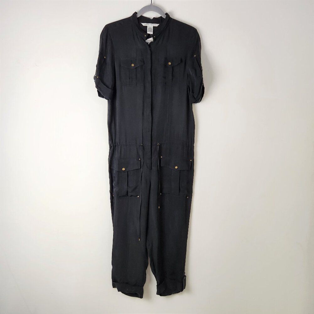 Diane Von Furstenberg Jumpsuit Womens 4 Black Cargo Cupro Snap Cropped New $398
